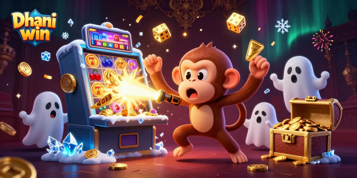 Dhani win platform showcasing a playful ghostly monkey juggling casino elements in a haunted atmosphere.