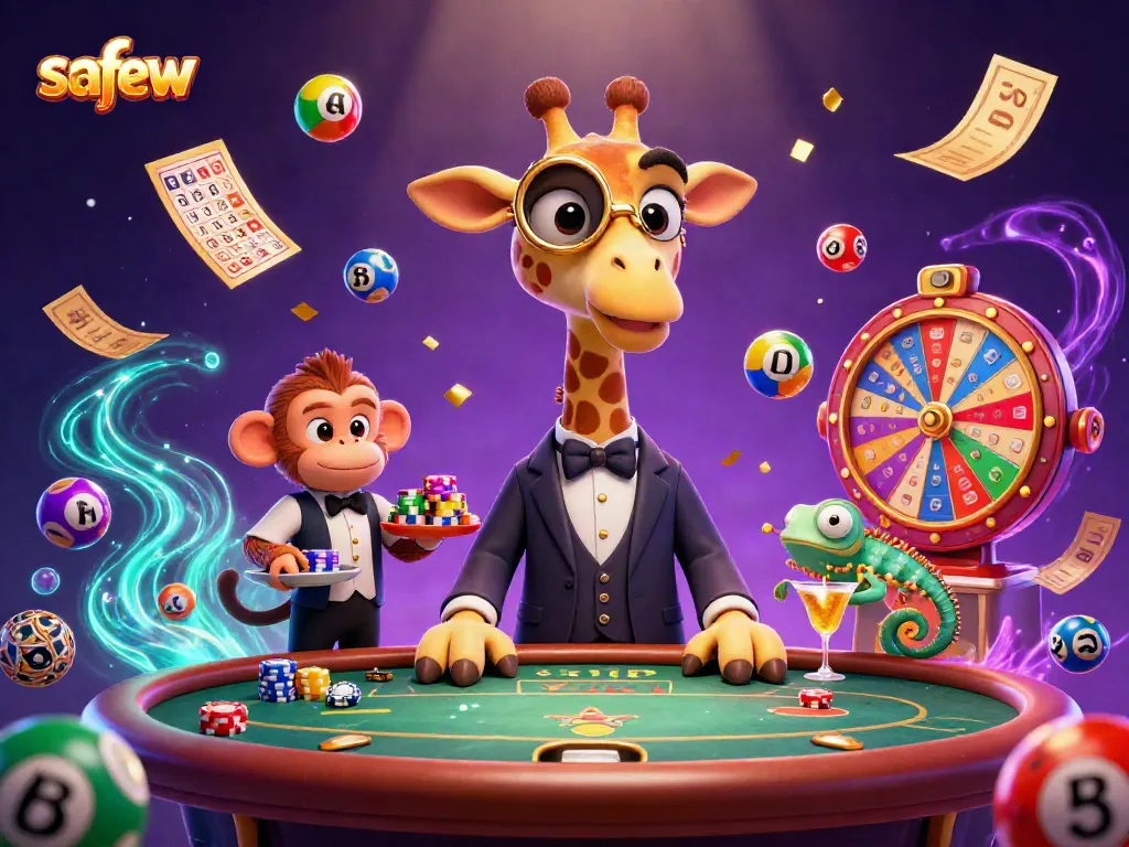 Experience safew's secure gaming environment with a playful giraffe, monkey, and chameleon celebrating casino excitement.