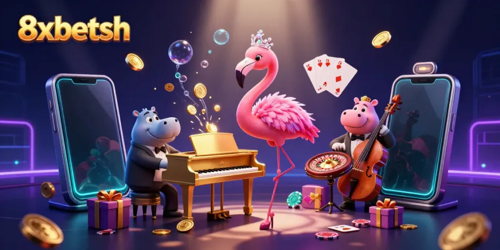 8xbetsh showcases an engaging casino illustration with vibrant characters and game elements.