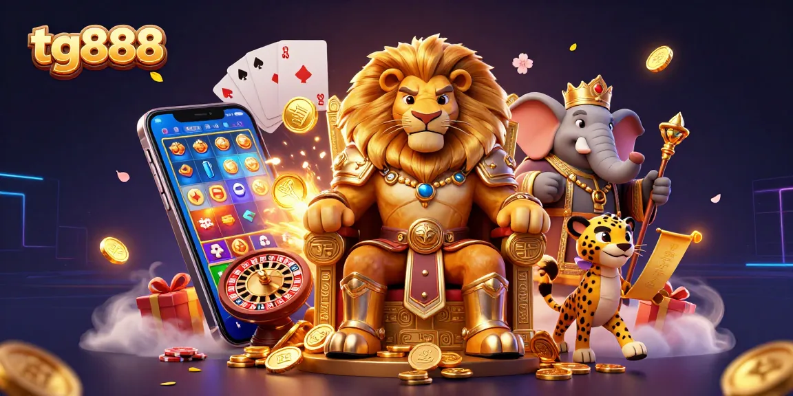 Engage in the thrilling casino experience with tg888, featuring a lion king, elephant advisor, and cheetah messenger amid dynamic game elements.