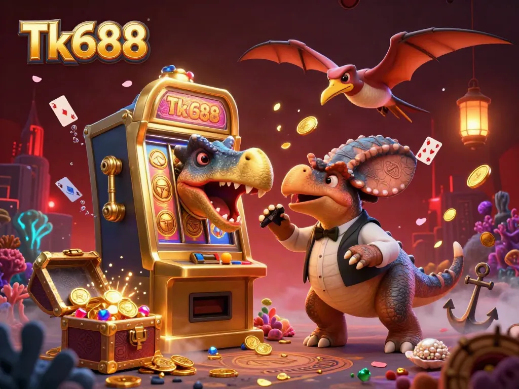 Experience the thrilling Tk688 jackpot as a pachycephalosaurus interacts with a golden slot machine while coins shower down.