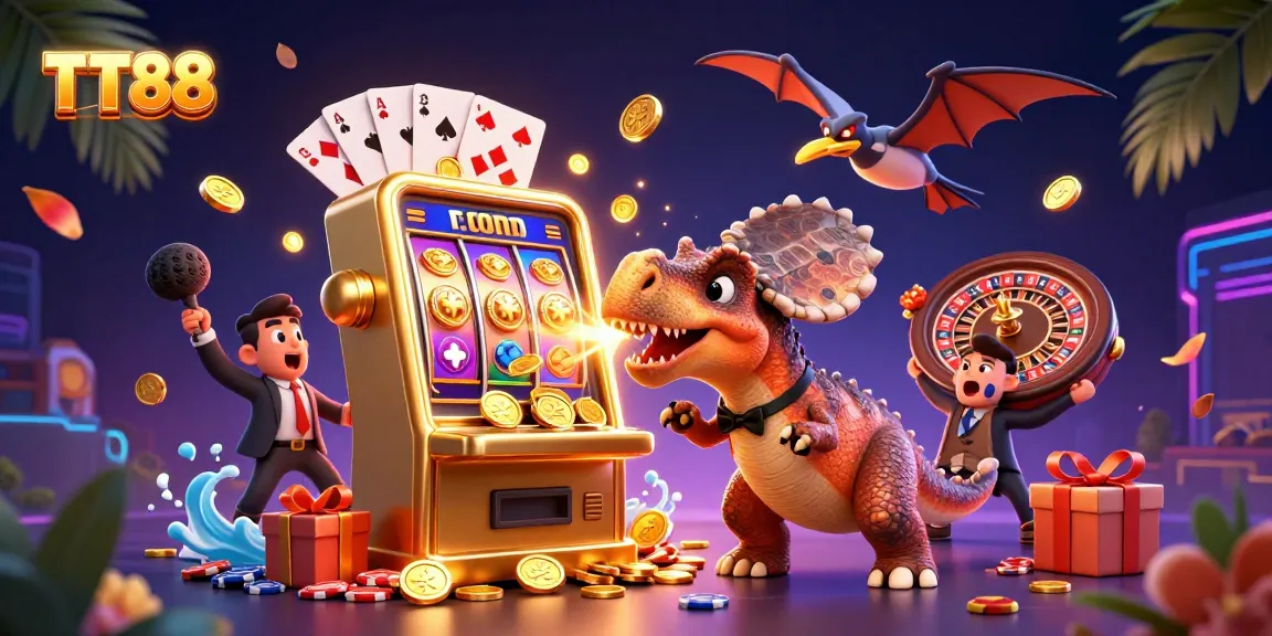 TT88 animated pachycephalosaurus wins coins at a slot machine in a lively casino scene.