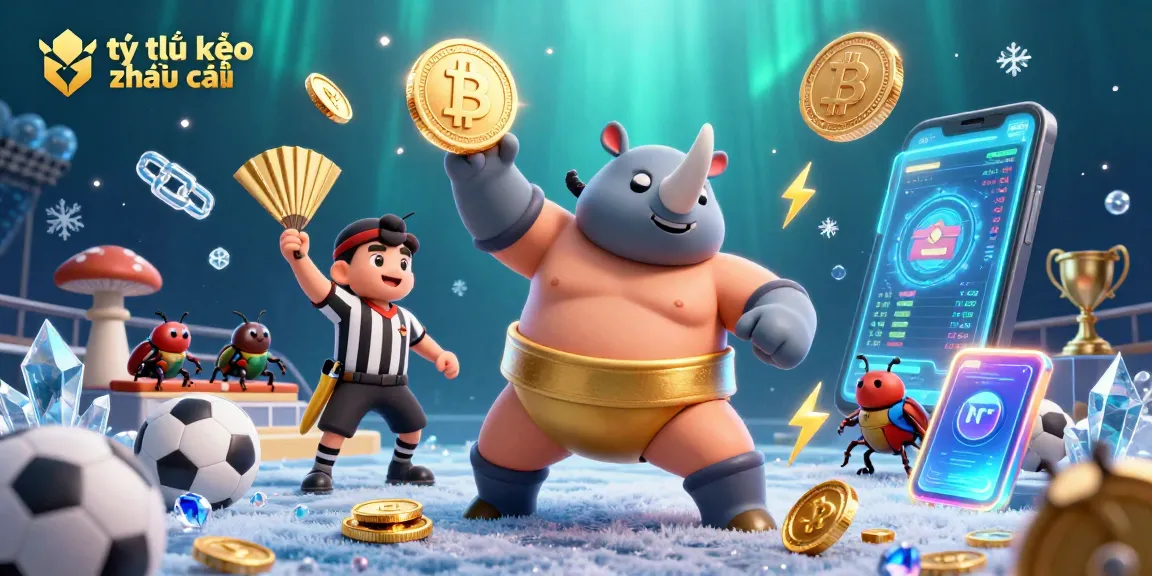 Engage with tỷ lệ kèo nhà cái in a dynamic sports betting scene featuring a beetle sumo champion and crypto coins.