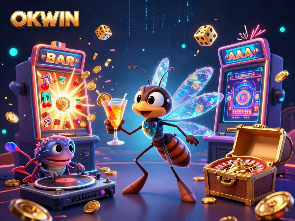 Engage with OKWIN's thrilling casino experience featuring vibrant characters and dynamic gaming elements.