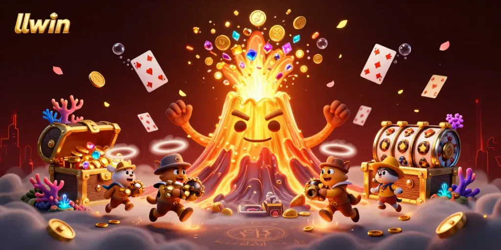 llwin showcases a triumphant volcano pouring treasures in an exciting casino scene.
