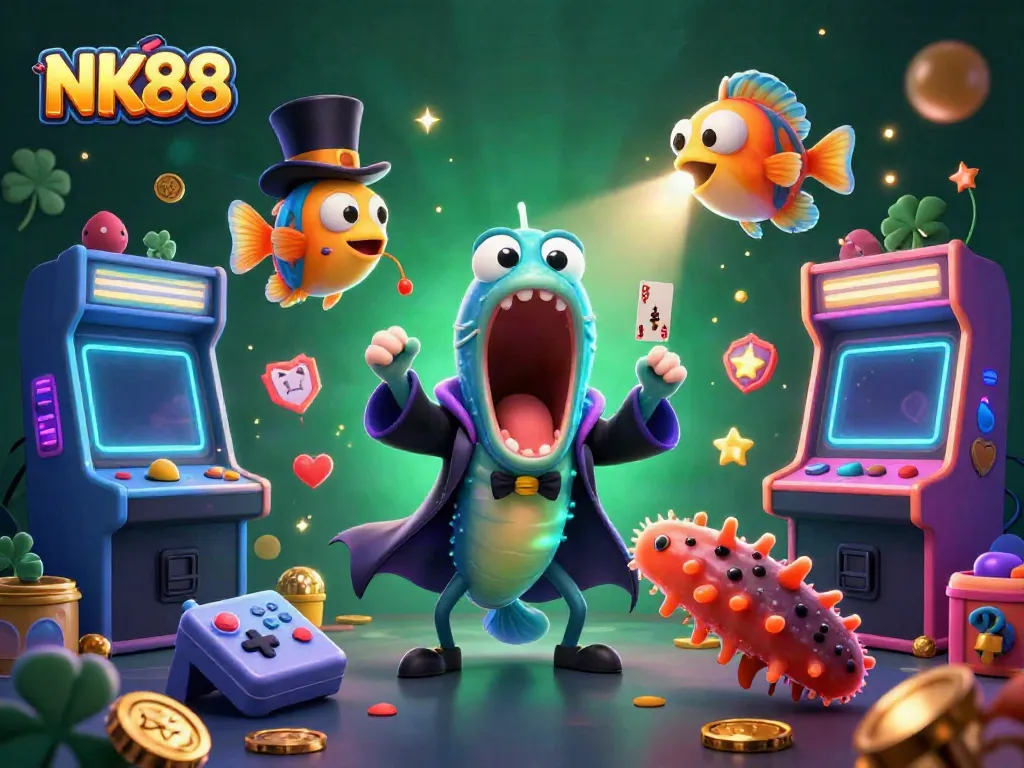 Join the NK88 gaming adventure with vibrant characters and dynamic casino elements.