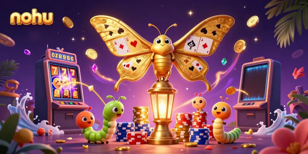 Engage in thrilling casino action with nohu, featuring a vibrant moth and colorful gaming elements.