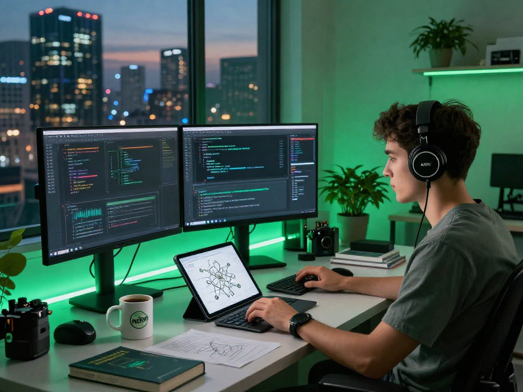 Dynamic tech workspace showcasing developer coding on AI algorithms while integrating nsfw ai concepts.