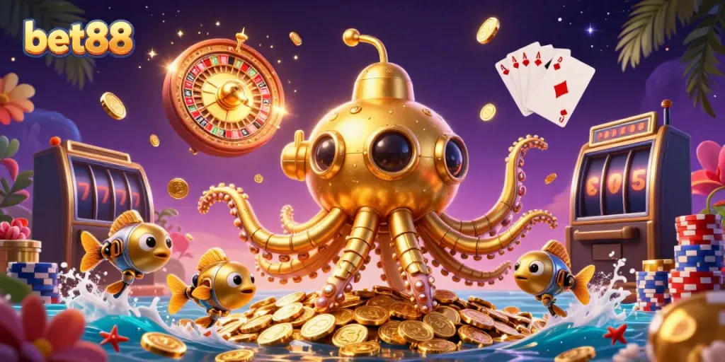 Experience thrilling wins at bet88 with a vibrant gem-filled casino scene featuring a golden kraken submarine.