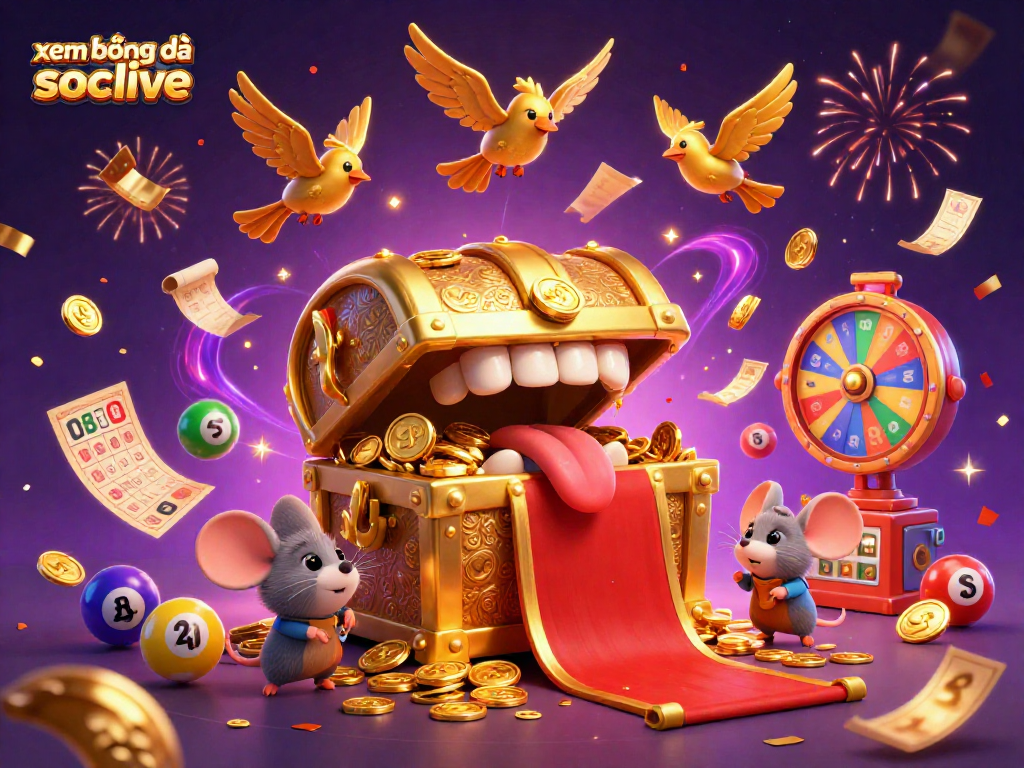 Engage with xem bóng đá socolive through a vibrant illustration of a treasure chest and lottery elements.