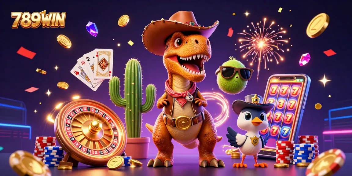 Play exciting games at 789WIN with thrilling visuals, featuring T-Rex, cactus sidekick, and gems.