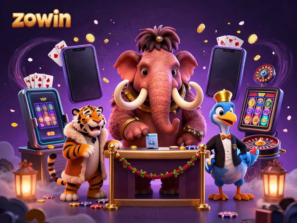 Zowin online casino features a vibrant casino scene with cartoon characters enjoying gaming excitement.