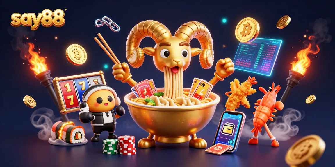 Engage with say88’s thrilling casino experience, featuring dynamic golden ramen bowl characters amidst vibrant slot game elements.