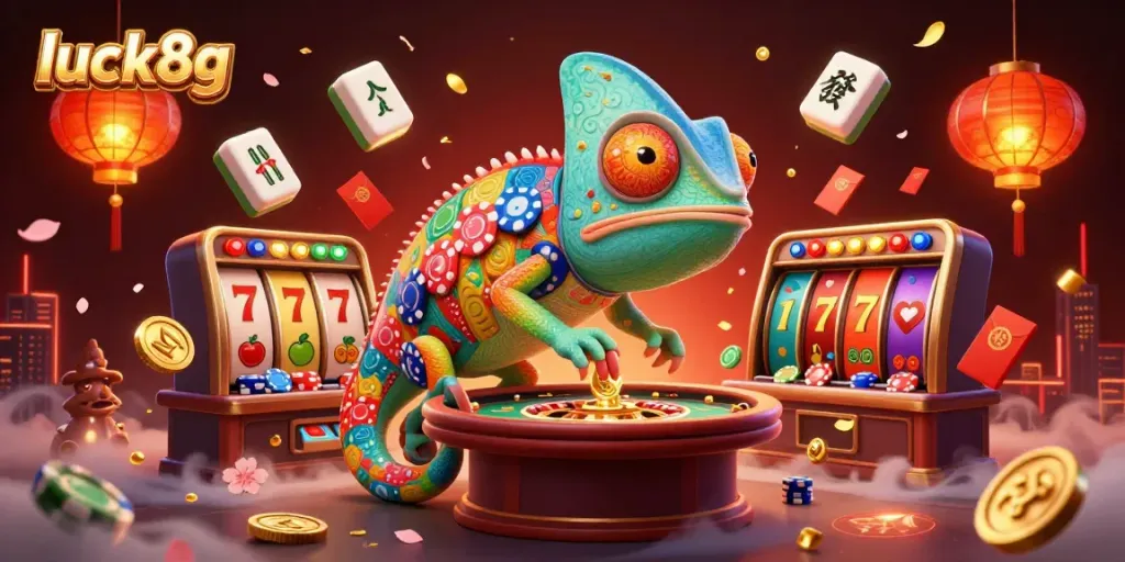 Experience the vibrant energy of luck8g's casino scene with a chameleon owner and dynamic gaming elements.