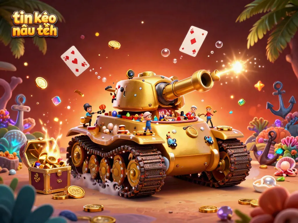 Engage in the excitement of tin soi kèo mới nhất with a lavish 3D illustration showing a golden beetle tank casino bursting with fun.