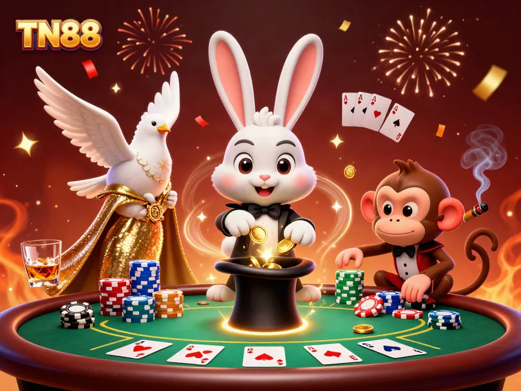 Experience the magic of TN88 with a rabbit magician, glamorous dove, and playful monkey at a poker table