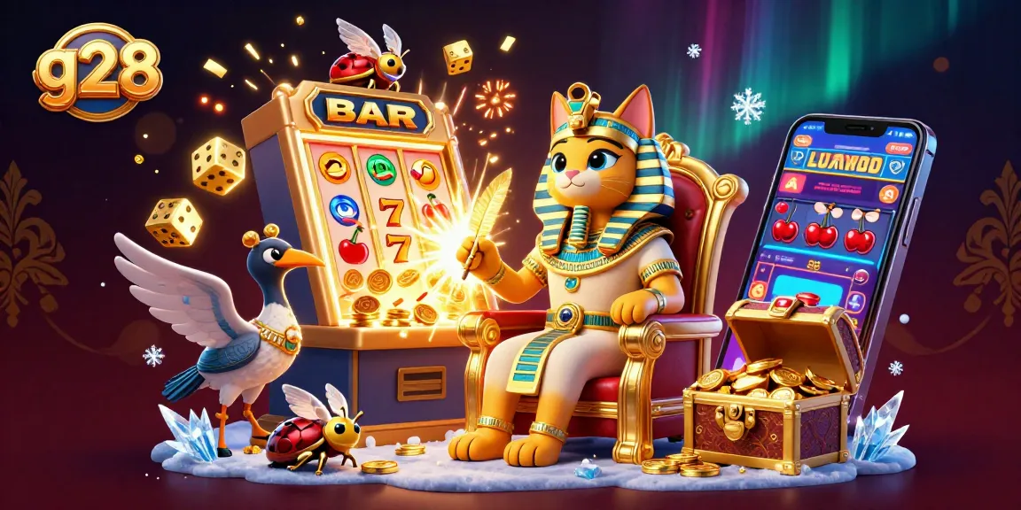 Win big with g28 immersive gaming experience featuring a pharaoh cat and slot machine.