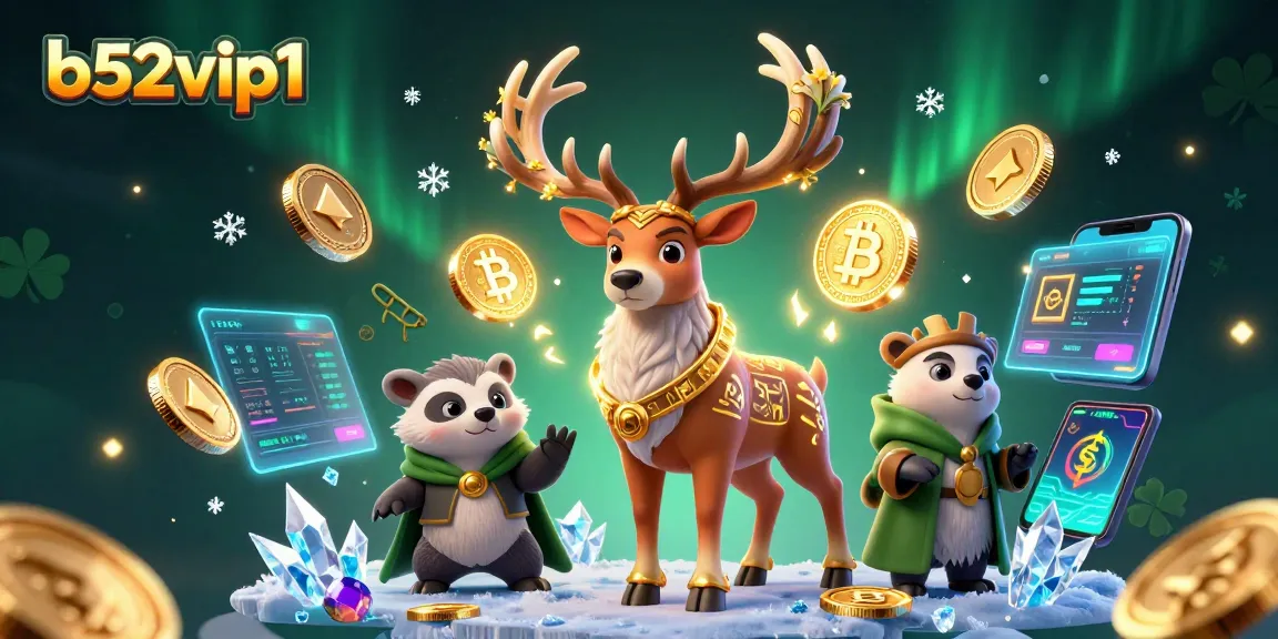 Bet on exciting games with b52vip1 – a vibrant scene of fantasy characters, currency, and lights.