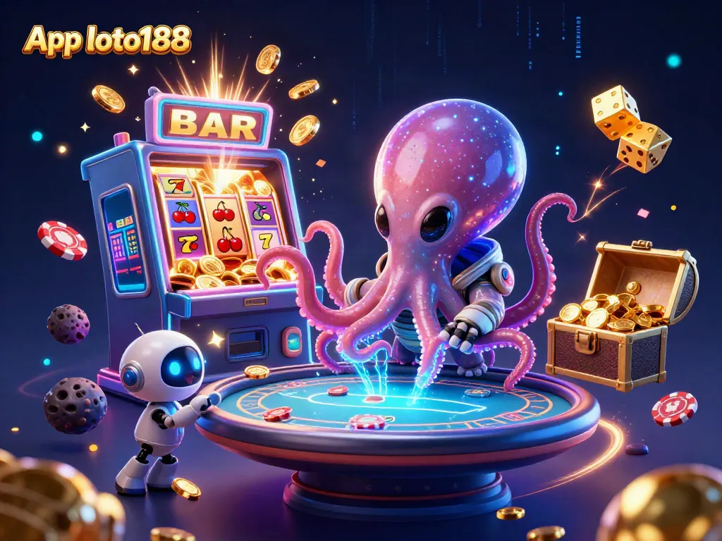 Engage with App loto188 in an exciting cosmic gambling adventure featuring an alien octopus and dynamic symbols.