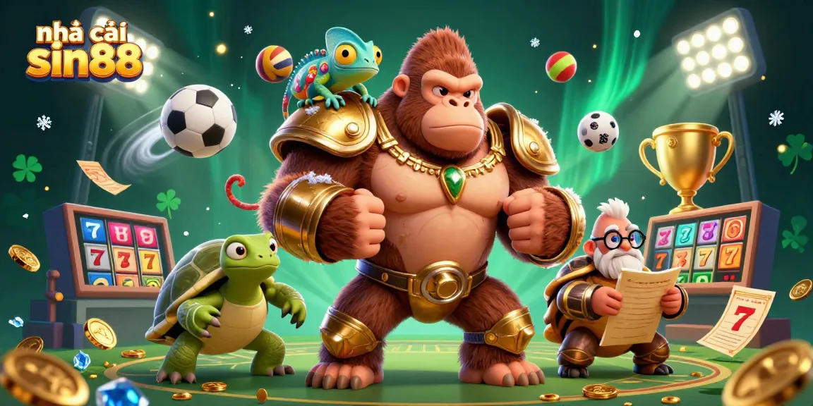 Experience the thrilling world of nhà cái sin88 with a powerful gorilla and colorful characters in an exciting casino scene.