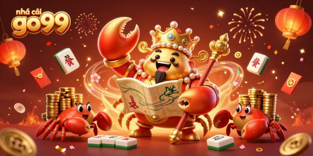 Experience the excitement at nhà cái go99 with a golden crab emperor, treasure map, and gaming symbols all around.