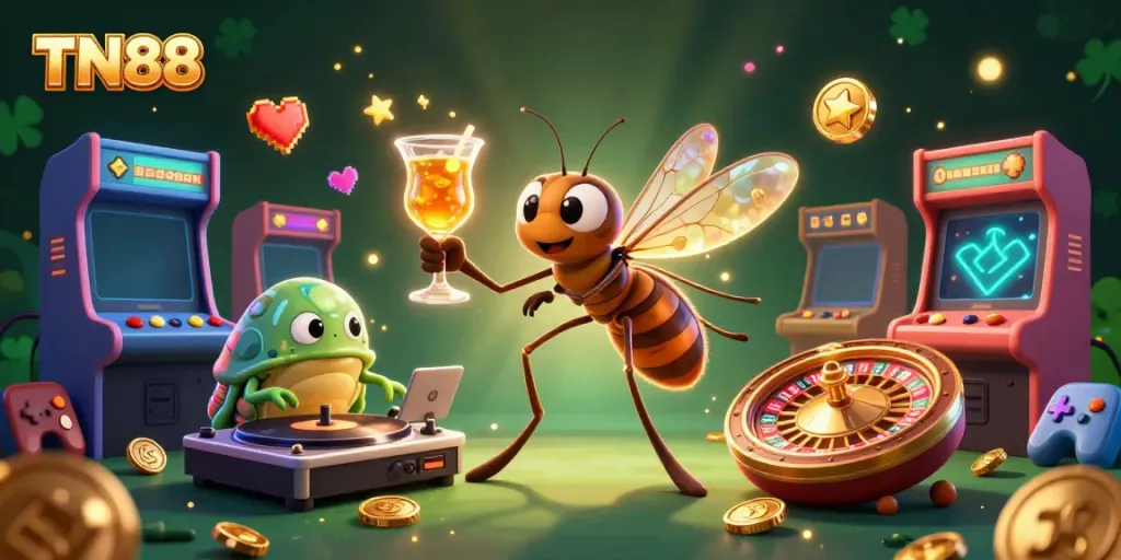 Experience vibrant gaming with TN88's unique characters and dynamic casino elements in a colorful 3D scene.