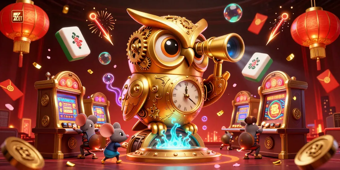 Experience thrilling gameplay at ZBET with this vibrant casino illustration featuring exciting slot machines and a playful golden owl.