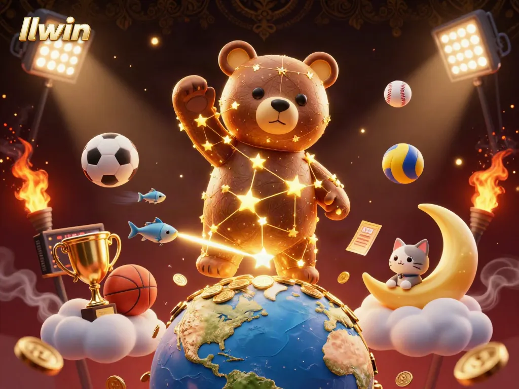 Engage with llwin's exciting gaming world, featuring a constellation bear and dynamic sports elements.