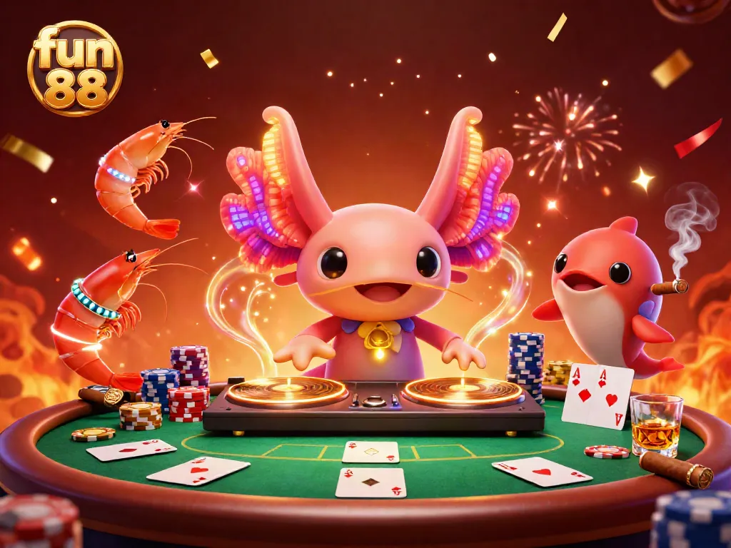 Engage with fun 88 at a vibrant casino scene featuring a lively axolotl DJ and poker action.