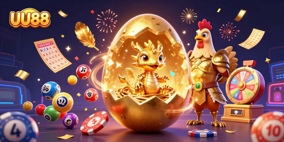 UU88 showcases a golden baby dragon on poker chips amidst vibrant lottery balls and celebratory elements.