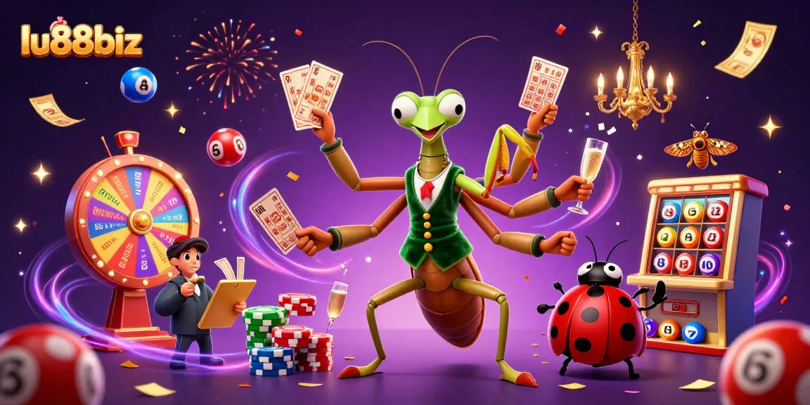 Experience thrilling gameplay with Lu88biz's dynamic casino scene showcasing colorful lottery balls and vibrant characters.