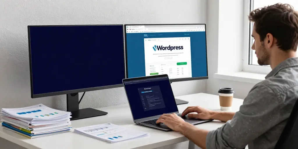 Web developer coding for uk litespeed wordpress hosting in a modern office