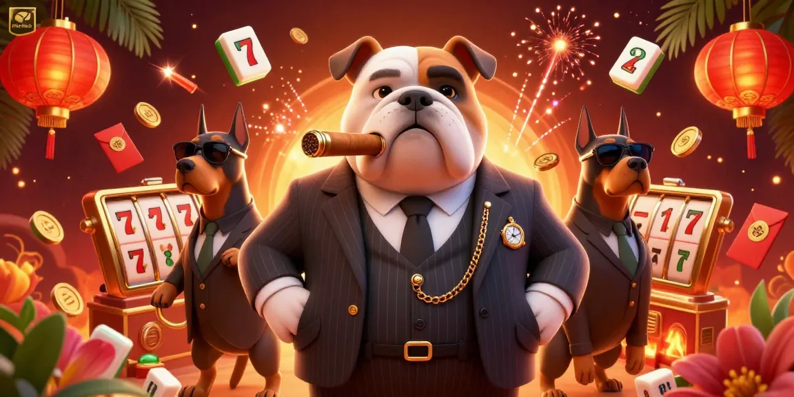 Hitclub's animated mafia bulldog boss leads with dazzling slot reels, enhancing gaming excitement.