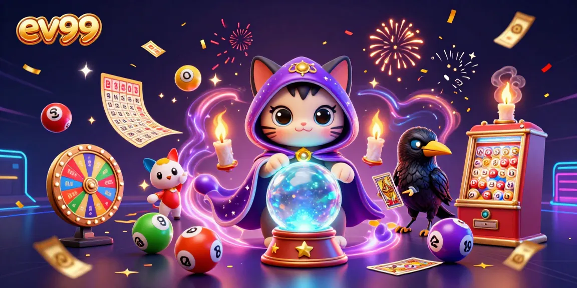Experience the magic of ev99 with a vibrant 3D illustration featuring casino elements like lottery balls, a prize wheel, and mystical characters.
