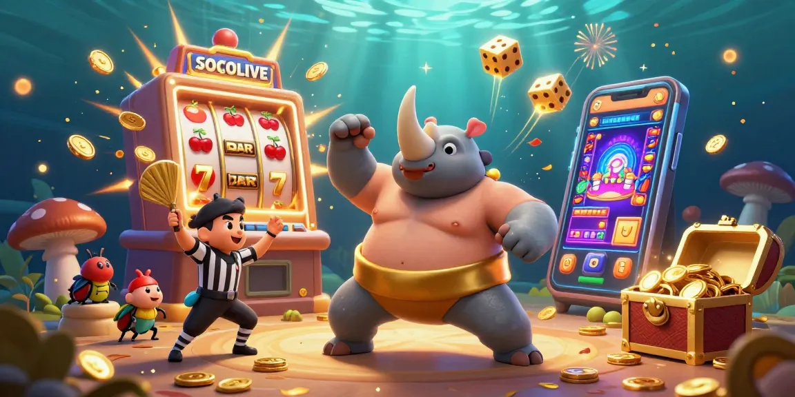 SOCOLIVE's vibrant casino gaming scene features a sumo beetle champion amidst slot machines and golden coins.