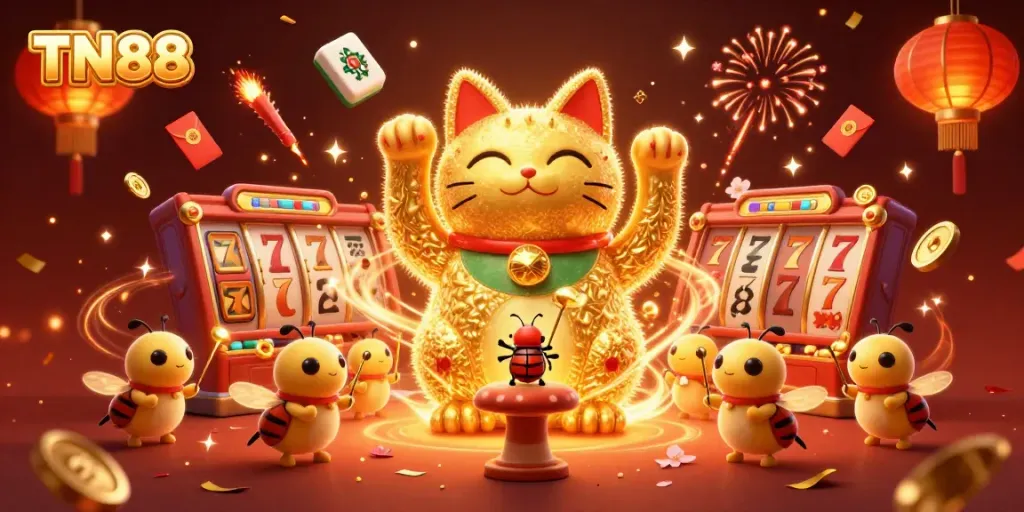 Experience TN88's vibrant casino ambiance through an illustration of a lucky cat and dynamic slot reels.