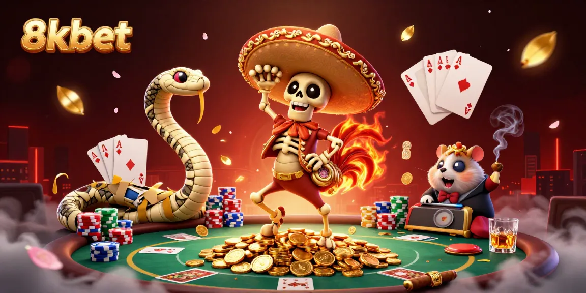 Experience thrilling gaming action with 8xbet featuring a lively scene of cartoon characters celebrating over poker.