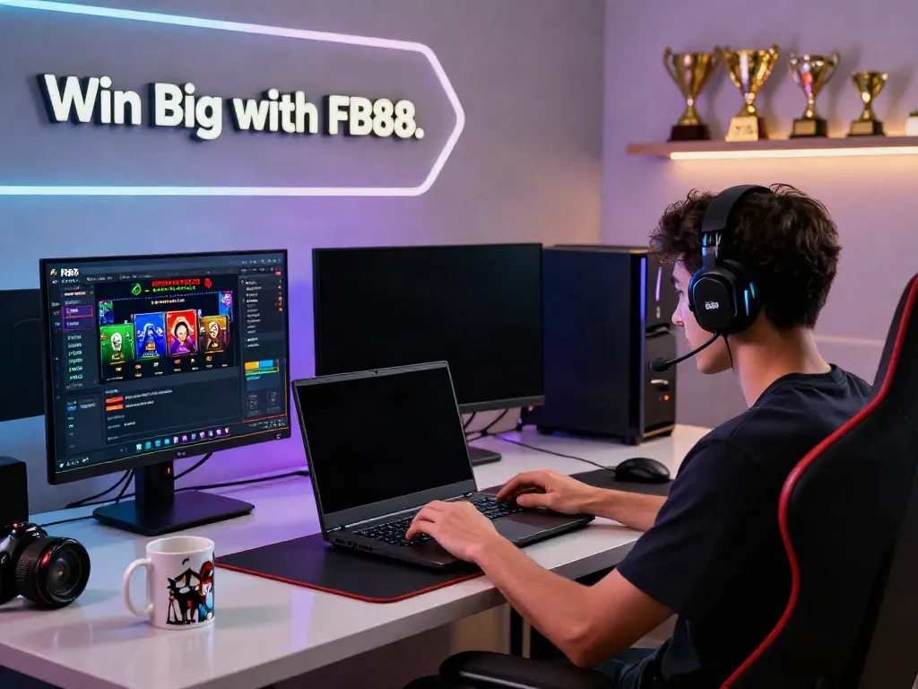 Gamer enthusiastically playing FB88 on a high-end gaming setup with vibrant LED lighting.