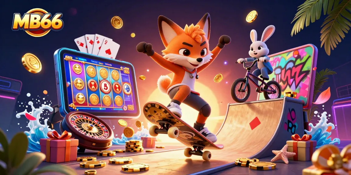 Engage in thrilling gaming action with MB66's vibrant cartoon scene featuring slot games and casino elements.