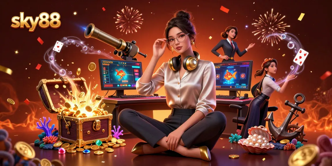 Experience thrilling gameplay at sky88 with an energetic Asian woman surrounded by gaming elements and vibrant confetti.