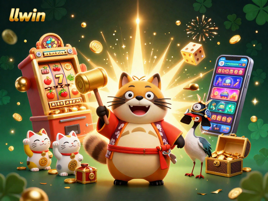 llwin offers a vibrant casino experience with a cheerful tanuki, jackpots, and colorful symbols.