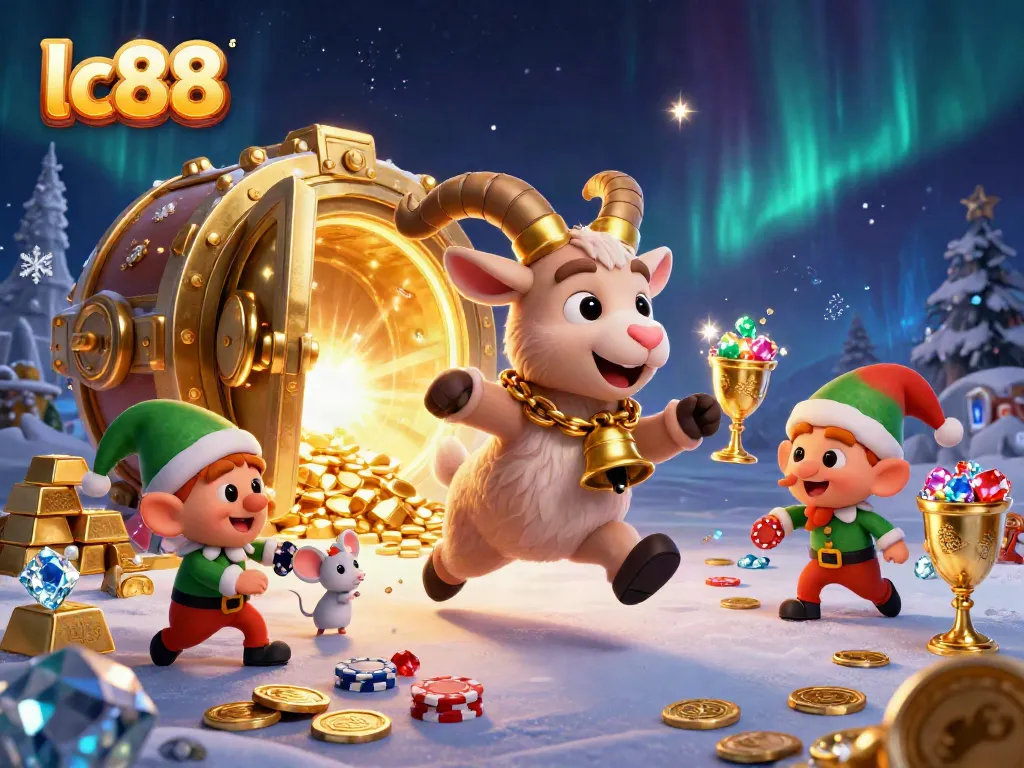 Experience the festive thrill of lc88 with a lively casino scene including characters and sparkling treasures.