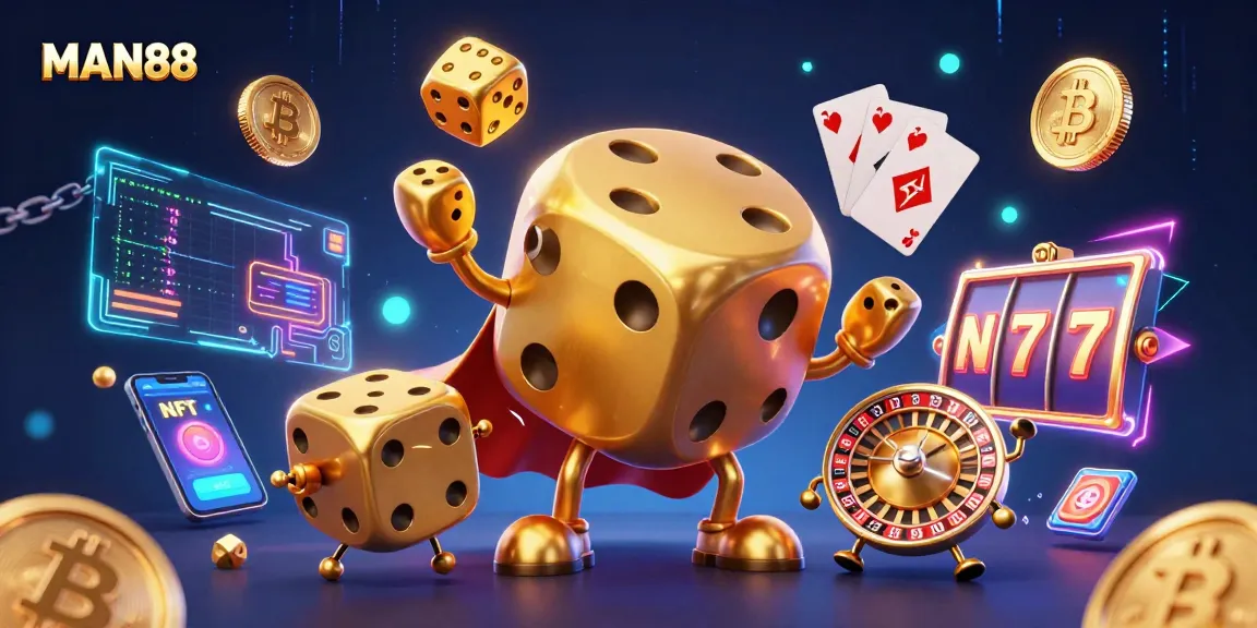 MAN88 showcases a vibrant scene with a golden dice golem surrounded by slot symbols and cryptocurrency elements.