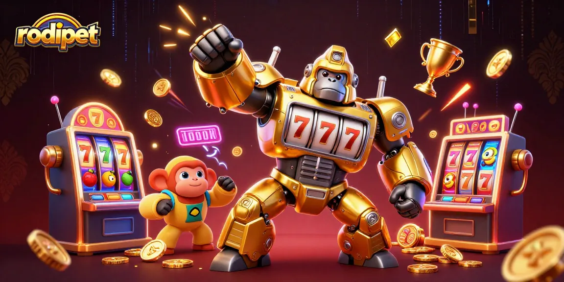 Experience thrilling wins with rodipet's vibrant slot machine themed 3D illustration featuring dynamic gaming elements.