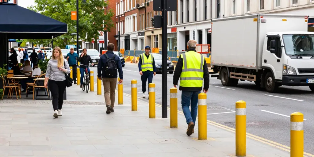 Modern urban environment featuring safety bollards protecting pedestrians from traffic.
