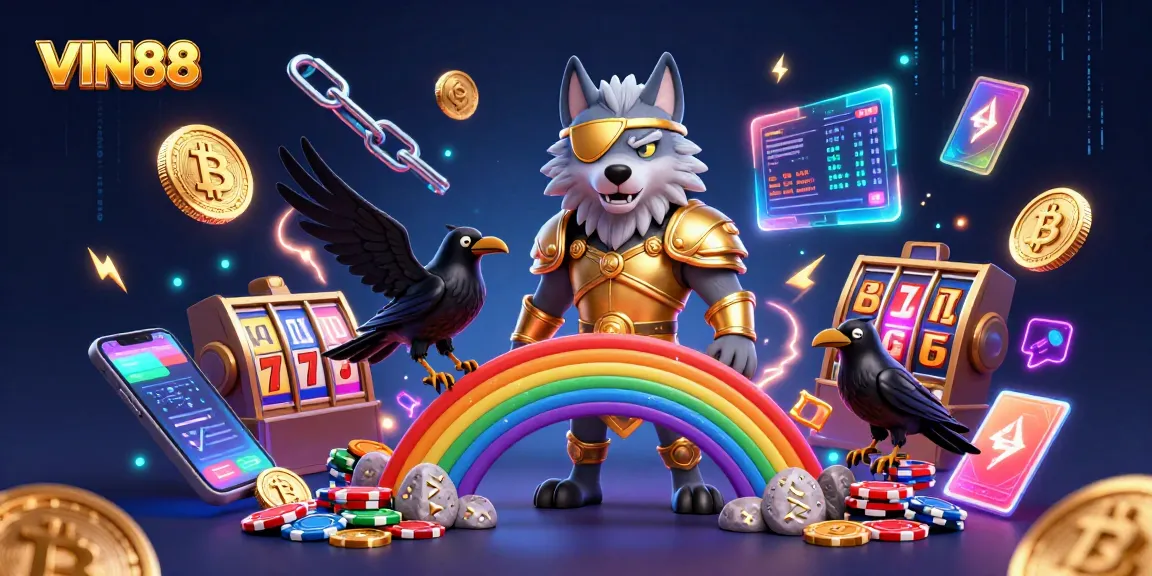 Experience thrilling gaming with VIN88 as Odins, ravens, and neon crypto collide in a vibrant scene.
