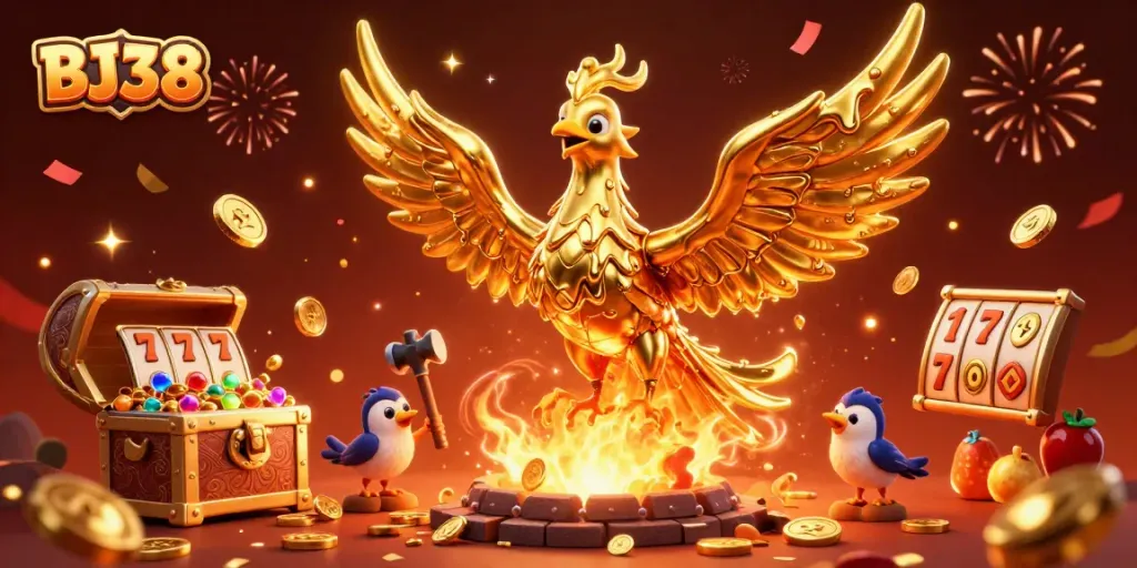Experience the thrill of BJ38 with golden phoenix and vibrant casino elements in a dazzling 3D scene.