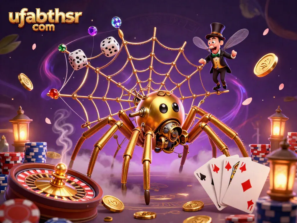 Experience the thrill of ufabethsr com with a steampunk-themed casino illustration featuring a golden spider and dice.