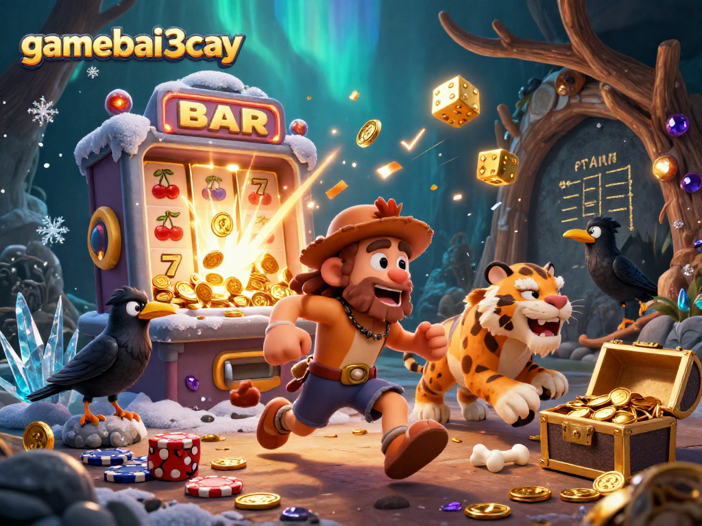 Experience the thrill of gamebai3cay with a lively illustration of a prehistoric casino scene.