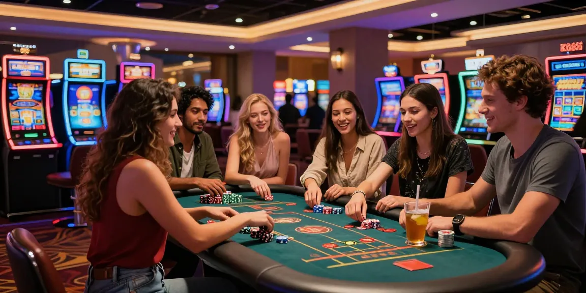 Friends celebrating at KO66 Casino with vibrant games and lively atmosphere.